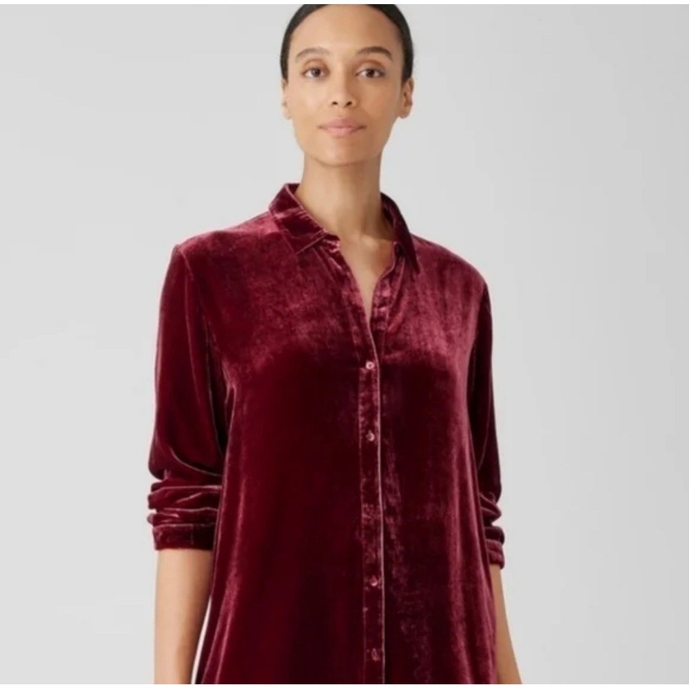 EILEEN‎ FISHER $288 Deep Claret Collar Tunic Silk Velvet Button-Up Shirt Size 1x